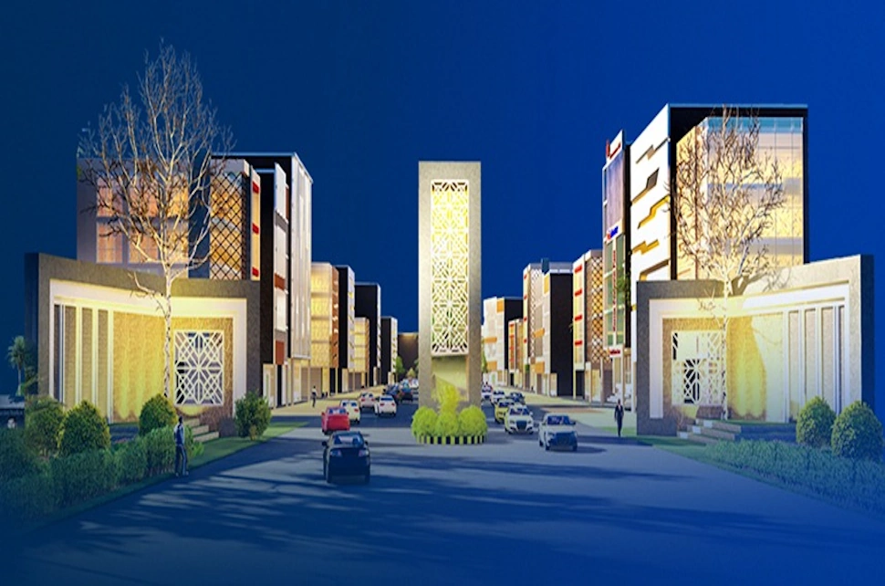 Night render of the grand boulevard monument in Al Rehman Garden Phase 8